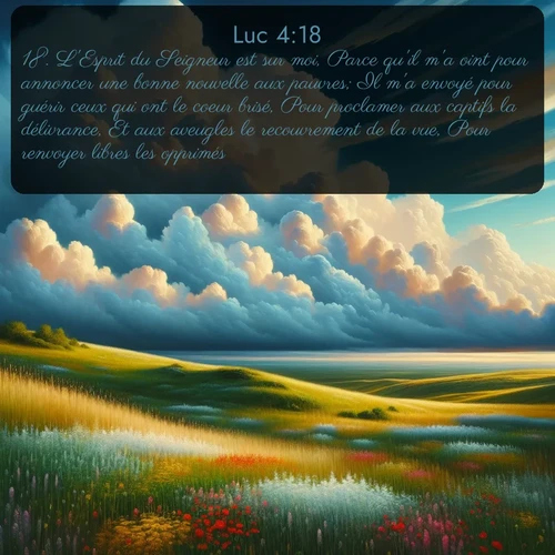 Segond Évangile selon Luc  ; image nature: image avec le verset biblique :L&#039;Esprit du Seigneur est sur moi, Parce qu&#039;il m&#039;a oint pour annoncer une bonne nouvelle aux pauvres; Il m&#039;a envoyé pour guérir ceux qui ont le coeur brisé, Pour proclamer aux captifs la délivrance, Et aux aveugles le recouvrement de la vue, Pour renvoyer libres les opprimés, ;  ; 4:18