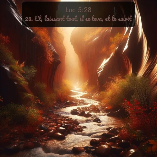 Segond Évangile selon Luc  ; image nature: image avec le verset biblique :Et, laissant tout, il se leva, et le suivit. ;  ; 5:28