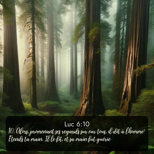 Segond Évangile selon Luc  ; image nature: image avec le verset biblique :Alors, promenant ses regards sur eux tous, il dit à l&#039;homme: Etends ta main. Il le fit, et sa main fut guérie. ;  ; 6:10