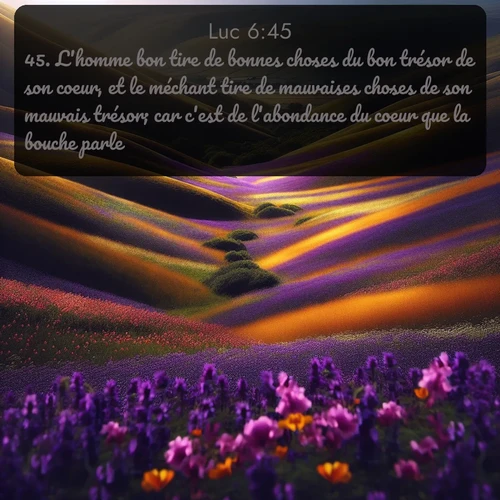 Segond Évangile selon Luc  ; image nature: image avec le verset biblique :L&#039;homme bon tire de bonnes choses du bon trésor de son coeur, et le méchant tire de mauvaises choses de son mauvais trésor; car c&#039;est de l&#039;abondance du coeur que la bouche parle. ;  ; 6:45