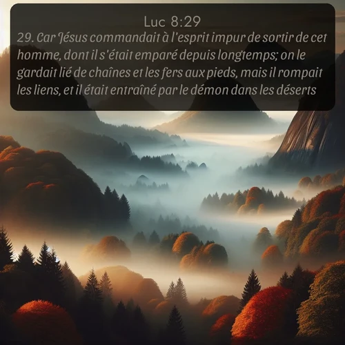 Segond Évangile selon Luc  ; image nature: image avec le verset biblique :Car Jésus commandait à l&#039;esprit impur de sortir de cet homme, dont il s&#039;était emparé depuis longtemps; on le gardait lié de chaînes et les fers aux pieds, mais il rompait les liens, et il était entraîné par le démon dans les déserts. ;  ; 8:29
