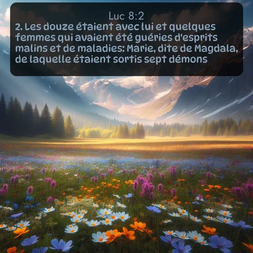 Segond Évangile selon Luc  ; image nature: image avec le verset biblique :Les douze étaient avec lui et quelques femmes qui avaient été guéries d&#039;esprits malins et de maladies: Marie, dite de Magdala, de laquelle étaient sortis sept démons, ;  ; 8:2