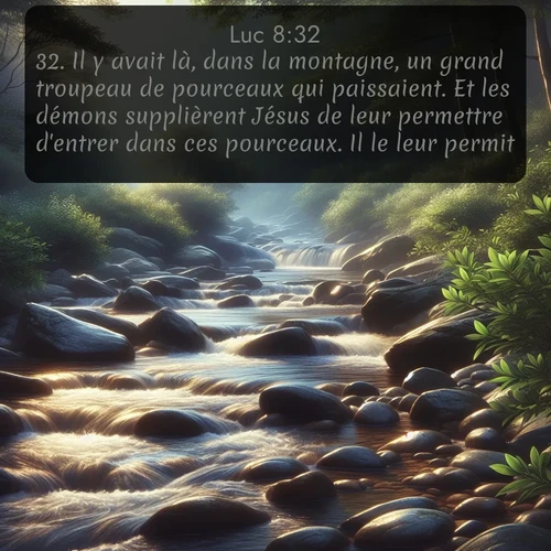 Segond Évangile selon Luc  ; image nature: image avec le verset biblique :Il y avait là, dans la montagne, un grand troupeau de pourceaux qui paissaient. Et les démons supplièrent Jésus de leur permettre d&#039;entrer dans ces pourceaux. Il le leur permit. ;  ; 8:32