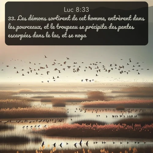 Segond Évangile selon Luc  ; image nature: image avec le verset biblique :Les démons sortirent de cet homme, entrèrent dans les pourceaux, et le troupeau se précipita des pentes escarpées dans le lac, et se noya. ;  ; 8:33