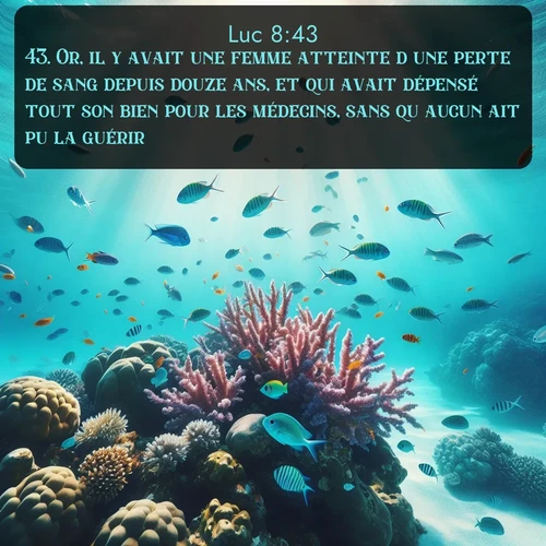 Segond Évangile selon Luc  ; image nature: image avec le verset biblique :Or, il y avait une femme atteinte d&#039;une perte de sang depuis douze ans, et qui avait dépensé tout son bien pour les médecins, sans qu&#039;aucun ait pu la guérir. ;  ; 8:43