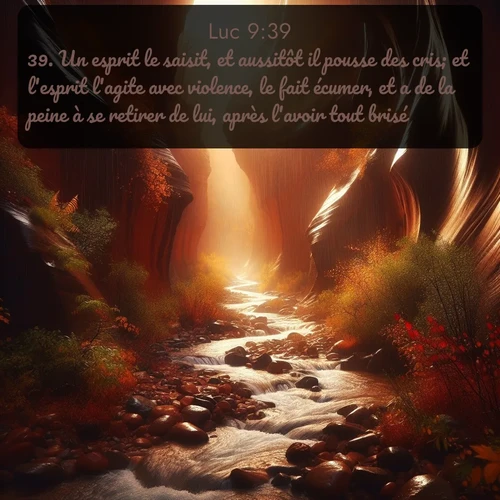 Segond Évangile selon Luc  ; image nature: image avec le verset biblique :Un esprit le saisit, et aussitôt il pousse des cris; et l&#039;esprit l&#039;agite avec violence, le fait écumer, et a de la peine à se retirer de lui, après l&#039;avoir tout brisé. ;  ; 9:39