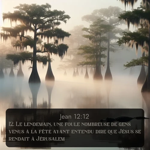 Segond Évangile selon Jean  ; image nature: image avec le verset biblique :Le lendemain, une foule nombreuse de gens venus à la fête ayant entendu dire que Jésus se rendait à Jérusalem, ;  ; 12:12