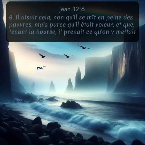 Segond Évangile selon Jean  ; image nature: image avec le verset biblique :Il disait cela, non qu&#039;il se mît en peine des pauvres, mais parce qu&#039;il était voleur, et que, tenant la bourse, il prenait ce qu&#039;on y mettait. ;  ; 12:6