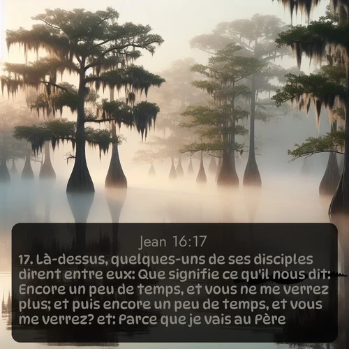 Segond Évangile selon Jean  ; image nature: image avec le verset biblique :Là-dessus, quelques-uns de ses disciples dirent entre eux: Que signifie ce qu&#039;il nous dit: Encore un peu de temps, et vous ne me verrez plus; et puis encore un peu de temps, et vous me verrez? et: Parce que je vais au Père? ;  ; 16:17