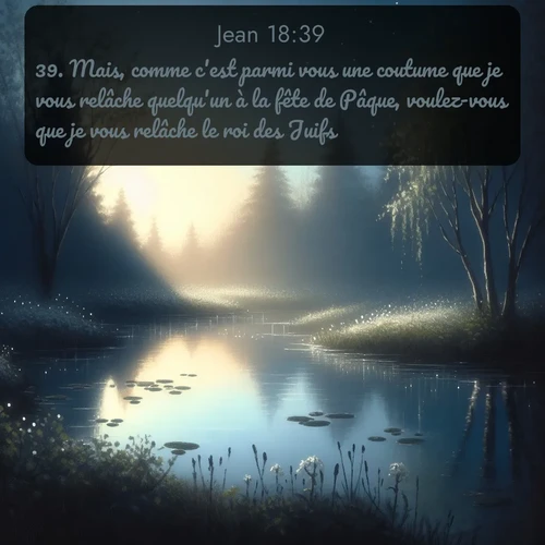Segond Évangile selon Jean  ; image nature: image avec le verset biblique :Mais, comme c&#039;est parmi vous une coutume que je vous relâche quelqu&#039;un à la fête de Pâque, voulez-vous que je vous relâche le roi des Juifs? ;  ; 18:39