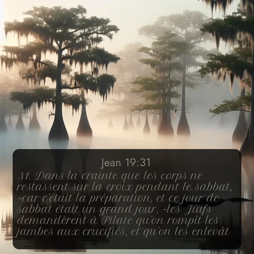 Segond Évangile selon Jean  ; image nature: image avec le verset biblique :Dans la crainte que les corps ne restassent sur la croix pendant le sabbat, -car c&#039;était la préparation, et ce jour de sabbat était un grand jour, -les Juifs demandèrent à Pilate qu&#039;on rompît les jambes aux crucifiés, et qu&#039;on les enlevât. ;  ; 19:31