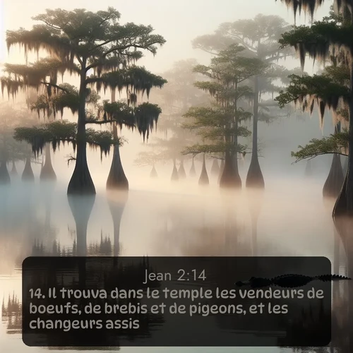 Segond Évangile selon Jean  ; image nature: image avec le verset biblique :Il trouva dans le temple les vendeurs de boeufs, de brebis et de pigeons, et les changeurs assis. ;  ; 2:14