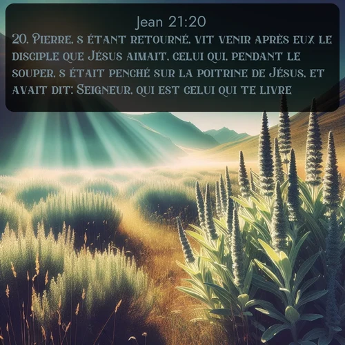 Segond Évangile selon Jean  ; image nature: image avec le verset biblique :Pierre, s&#039;étant retourné, vit venir après eux le disciple que Jésus aimait, celui qui, pendant le souper, s&#039;était penché sur la poitrine de Jésus, et avait dit: Seigneur, qui est celui qui te livre? ;  ; 21:20