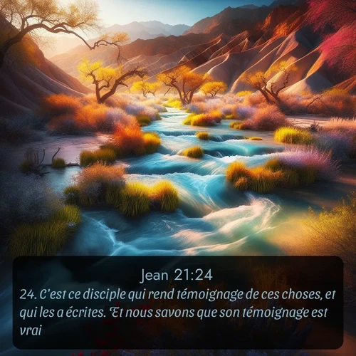 Segond Évangile selon Jean  ; image nature: image avec le verset biblique :C&#039;est ce disciple qui rend témoignage de ces choses, et qui les a écrites. Et nous savons que son témoignage est vrai. ;  ; 21:24