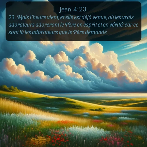 Segond Évangile selon Jean  ; image nature: image avec le verset biblique :Mais l&#039;heure vient, et elle est déjà venue, où les vrais adorateurs adoreront le Père en esprit et en vérité; car ce sont là les adorateurs que le Père demande. ;  ; 4:23