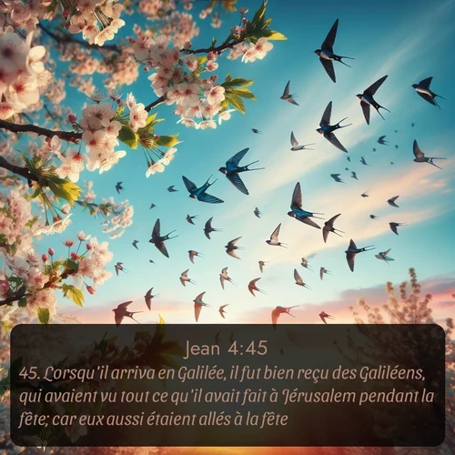 Segond Évangile selon Jean  ; image nature: image avec le verset biblique :Lorsqu&#039;il arriva en Galilée, il fut bien reçu des Galiléens, qui avaient vu tout ce qu&#039;il avait fait à Jérusalem pendant la fête; car eux aussi étaient allés à la fête. ;  ; 4:45