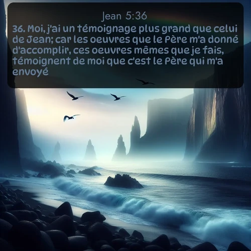 Segond Évangile selon Jean  ; image nature: image avec le verset biblique :Moi, j&#039;ai un témoignage plus grand que celui de Jean; car les oeuvres que le Père m&#039;a donné d&#039;accomplir, ces oeuvres mêmes que je fais, témoignent de moi que c&#039;est le Père qui m&#039;a envoyé. ;  ; 5:36