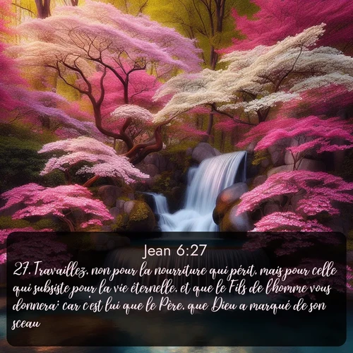 Segond Évangile selon Jean  ; image nature: image avec le verset biblique :Travaillez, non pour la nourriture qui périt, mais pour celle qui subsiste pour la vie éternelle, et que le Fils de l&#039;homme vous donnera; car c&#039;est lui que le Père, que Dieu a marqué de son sceau. ;  ; 6:27