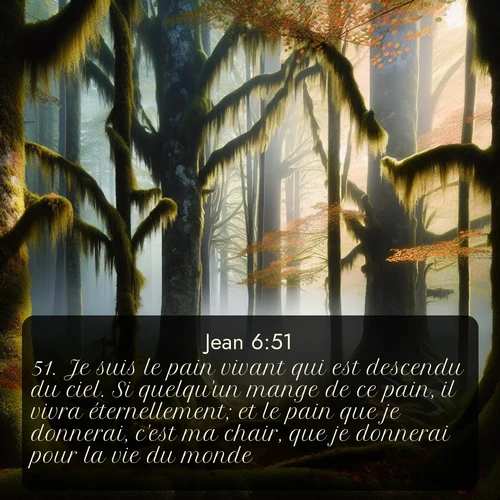 Segond Évangile selon Jean  ; image nature: image avec le verset biblique :Je suis le pain vivant qui est descendu du ciel. Si quelqu&#039;un mange de ce pain, il vivra éternellement; et le pain que je donnerai, c&#039;est ma chair, que je donnerai pour la vie du monde. ;  ; 6:51