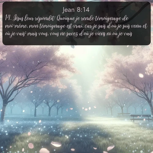 Segond Évangile selon Jean  ; image nature: image avec le verset biblique :Jésus leur répondit: Quoique je rende témoignage de moi-même, mon témoignage est vrai, car je sais d&#039;où je suis venu et où je vais; mais vous, vous ne savez d&#039;où je viens ni où je vais. ;  ; 8:14