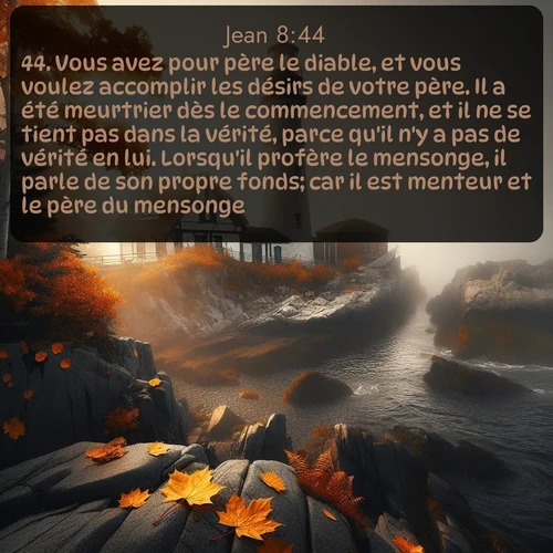 Segond Évangile selon Jean  ; image nature: image avec le verset biblique :Vous avez pour père le diable, et vous voulez accomplir les désirs de votre père. Il a été meurtrier dès le commencement, et il ne se tient pas dans la vérité, parce qu&#039;il n&#039;y a pas de vérité en lui. Lorsqu&#039;il profère le mensonge, il parle de son propre fonds; car il est menteur et le père du mensonge. ;  ; 8:44