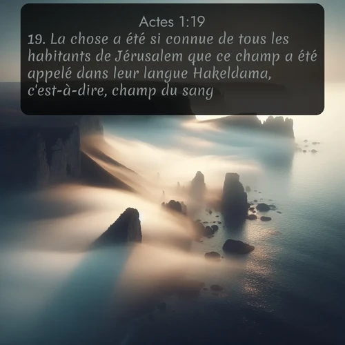 Segond Actes  ; image nature: image avec le verset biblique :La chose a été si connue de tous les habitants de Jérusalem que ce champ a été appelé dans leur langue Hakeldama, c&#039;est-à-dire, champ du sang. ;  ; 1:19