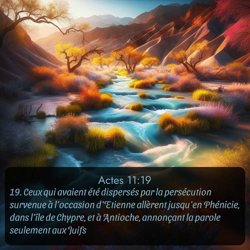 Segond Actes  ; image nature: image avec le verset biblique :Ceux qui avaient été dispersés par la persécution survenue à l&#039;occasion d&#039;Etienne allèrent jusqu&#039;en Phénicie, dans l&#039;île de Chypre, et à Antioche, annonçant la parole seulement aux Juifs. ;  ; 11:19