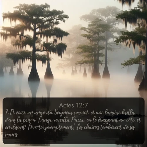 Segond Actes  ; image nature: image avec le verset biblique :Et voici, un ange du Seigneur survint, et une lumière brilla dans la prison. L&#039;ange réveilla Pierre, en le frappant au côté, et en disant: Lève-toi promptement! Les chaînes tombèrent de ses mains. ;  ; 12:7