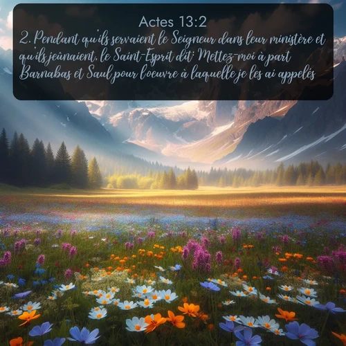 Segond Actes  ; image nature: image avec le verset biblique :Pendant qu&#039;ils servaient le Seigneur dans leur ministère et qu&#039;ils jeûnaient, le Saint-Esprit dit: Mettez-moi à part Barnabas et Saul pour l&#039;oeuvre à laquelle je les ai appelés. ;  ; 13:2