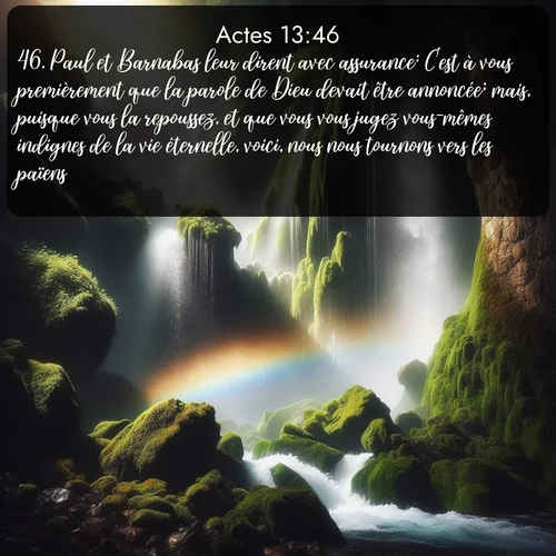 Segond Actes  ; image nature: image avec le verset biblique :Paul et Barnabas leur dirent avec assurance: C&#039;est à vous premièrement que la parole de Dieu devait être annoncée; mais, puisque vous la repoussez, et que vous vous jugez vous-mêmes indignes de la vie éternelle, voici, nous nous tournons vers les païens. ;  ; 13:46