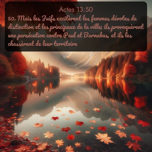 Segond Actes  ; image nature: image avec le verset biblique :Mais les Juifs excitèrent les femmes dévotes de distinction et les principaux de la ville; ils provoquèrent une persécution contre Paul et Barnabas, et ils les chassèrent de leur territoire. ;  ; 13:50