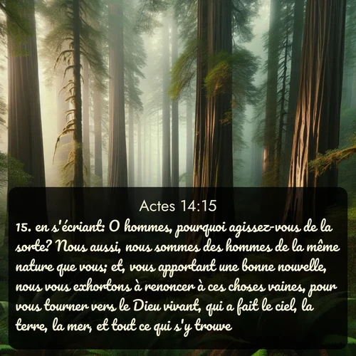 Segond Actes  ; image nature: image avec le verset biblique :en s&#039;écriant: O hommes, pourquoi agissez-vous de la sorte? Nous aussi, nous sommes des hommes de la même nature que vous; et, vous apportant une bonne nouvelle, nous vous exhortons à renoncer à ces choses vaines, pour vous tourner vers le Dieu vivant, qui a fait le ciel, la terre, la mer, et tout ce qui s&#039;y trouve. ;  ; 14:15