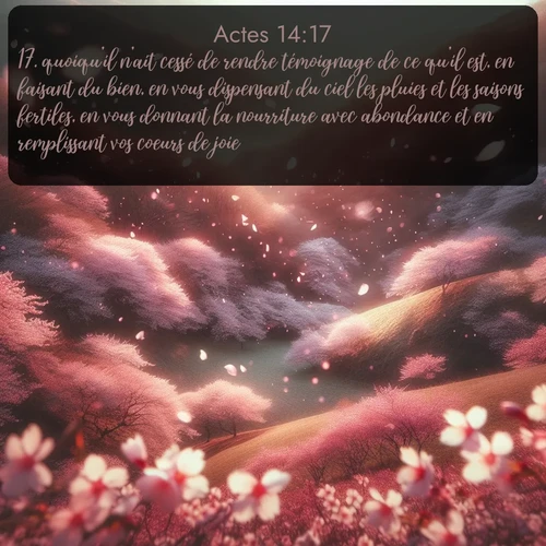 Segond Actes  ; image nature: image avec le verset biblique :quoiqu&#039;il n&#039;ait cessé de rendre témoignage de ce qu&#039;il est, en faisant du bien, en vous dispensant du ciel les pluies et les saisons fertiles, en vous donnant la nourriture avec abondance et en remplissant vos coeurs de joie. ;  ; 14:17