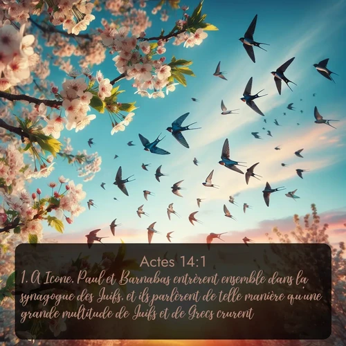 Segond Actes  ; image nature: image avec le verset biblique :A Icone, Paul et Barnabas entrèrent ensemble dans la synagogue des Juifs, et ils parlèrent de telle manière qu&#039;une grande multitude de Juifs et de Grecs crurent. ;  ; 14:1