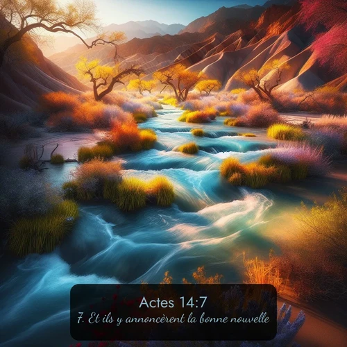 Segond Actes  ; image nature: image avec le verset biblique :Et ils y annoncèrent la bonne nouvelle. ;  ; 14:7