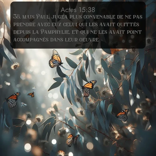 Segond Actes  ; image nature: image avec le verset biblique :mais Paul jugea plus convenable de ne pas prendre avec eux celui qui les avait quittés depuis la Pamphylie, et qui ne les avait point accompagnés dans leur oeuvre. ;  ; 15:38