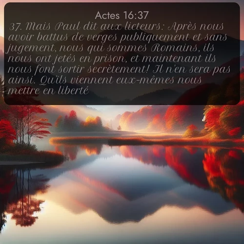 Segond Actes  ; image nature: image avec le verset biblique :Mais Paul dit aux licteurs: Après nous avoir battus de verges publiquement et sans jugement, nous qui sommes Romains, ils nous ont jetés en prison, et maintenant ils nous font sortir secrètement! Il n&#039;en sera pas ainsi. Qu&#039;ils viennent eux-mêmes nous mettre en liberté. ;  ; 16:37