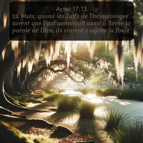 Segond Actes  ; image nature: image avec le verset biblique :Mais, quand les Juifs de Thessalonique surent que Paul annonçait aussi à Bérée la parole de Dieu, ils vinrent y agiter la foule. ;  ; 17:13
