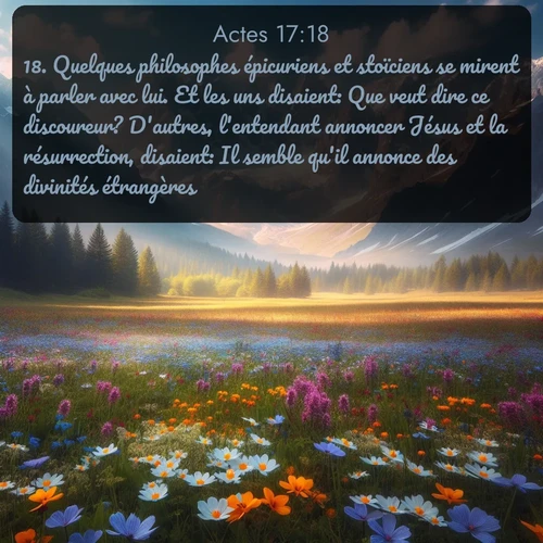 Segond Actes  ; image nature: image avec le verset biblique :Quelques philosophes épicuriens et stoïciens se mirent à parler avec lui. Et les uns disaient: Que veut dire ce discoureur? D&#039;autres, l&#039;entendant annoncer Jésus et la résurrection, disaient: Il semble qu&#039;il annonce des divinités étrangères. ;  ; 17:18