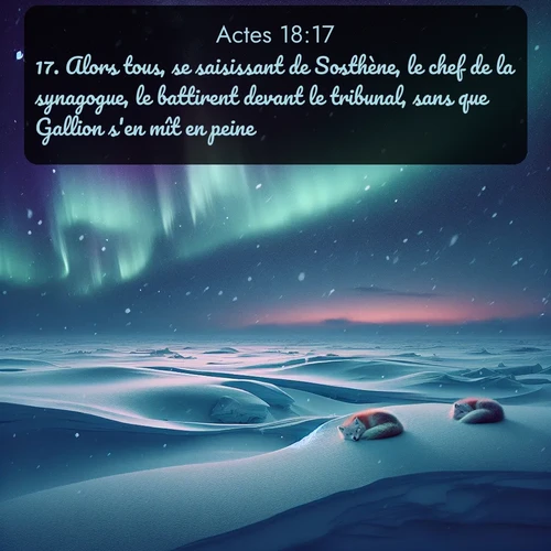 Segond Actes  ; image nature: image avec le verset biblique :Alors tous, se saisissant de Sosthène, le chef de la synagogue, le battirent devant le tribunal, sans que Gallion s&#039;en mît en peine. ;  ; 18:17