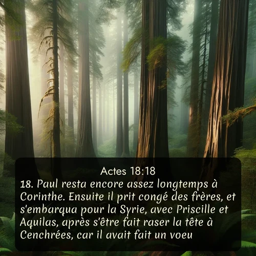 Segond Actes  ; image nature: image avec le verset biblique :Paul resta encore assez longtemps à Corinthe. Ensuite il prit congé des frères, et s&#039;embarqua pour la Syrie, avec Priscille et Aquilas, après s&#039;être fait raser la tête à Cenchrées, car il avait fait un voeu. ;  ; 18:18