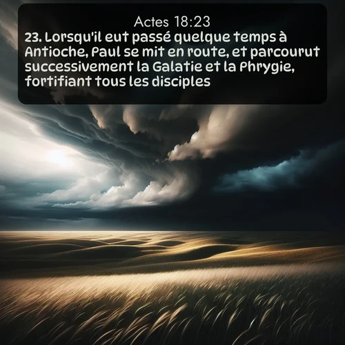 Segond Actes  ; image nature: image avec le verset biblique :Lorsqu&#039;il eut passé quelque temps à Antioche, Paul se mit en route, et parcourut successivement la Galatie et la Phrygie, fortifiant tous les disciples. ;  ; 18:23