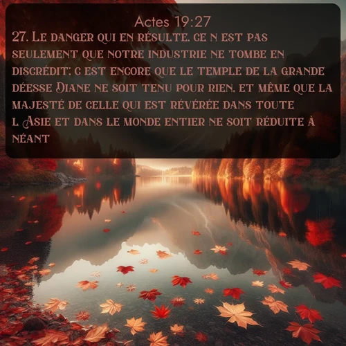 Segond Actes  ; image nature: image avec le verset biblique :Le danger qui en résulte, ce n&#039;est pas seulement que notre industrie ne tombe en discrédit; c&#039;est encore que le temple de la grande déesse Diane ne soit tenu pour rien, et même que la majesté de celle qui est révérée dans toute l&#039;Asie et dans le monde entier ne soit réduite à néant. ;  ; 19:27