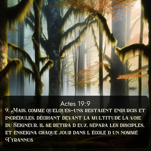 Segond Actes  ; image nature: image avec le verset biblique :Mais, comme quelques-uns restaient endurcis et incrédules, décriant devant la multitude la voie du Seigneur, il se retira d&#039;eux, sépara les disciples, et enseigna chaque jour dans l&#039;école d&#039;un nommé Tyrannus. ;  ; 19:9