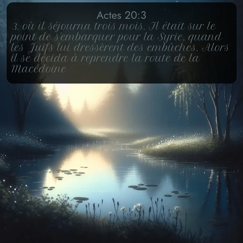 Segond Actes  ; image nature: image avec le verset biblique :où il séjourna trois mois. Il était sur le point de s&#039;embarquer pour la Syrie, quand les Juifs lui dressèrent des embûches. Alors il se décida à reprendre la route de la Macédoine. ;  ; 20:3