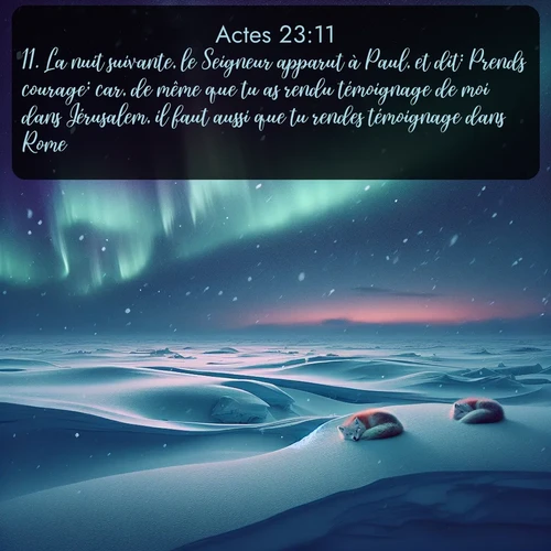 Segond Actes  ; image nature: image avec le verset biblique :La nuit suivante, le Seigneur apparut à Paul, et dit: Prends courage; car, de même que tu as rendu témoignage de moi dans Jérusalem, il faut aussi que tu rendes témoignage dans Rome. ;  ; 23:11