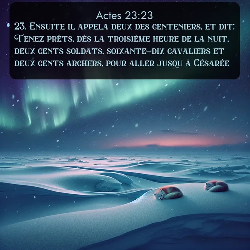 Segond Actes  ; image nature: image avec le verset biblique :Ensuite il appela deux des centeniers, et dit: Tenez prêts, dès la troisième heure de la nuit, deux cents soldats, soixante-dix cavaliers et deux cents archers, pour aller jusqu&#039;à Césarée. ;  ; 23:23