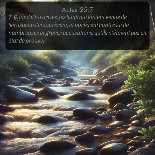 Segond Actes  ; image nature: image avec le verset biblique :Quand il fut arrivé, les Juifs qui étaient venus de Jérusalem l&#039;entourèrent, et portèrent contre lui de nombreuses et graves accusations, qu&#039;ils n&#039;étaient pas en état de prouver. ;  ; 25:7