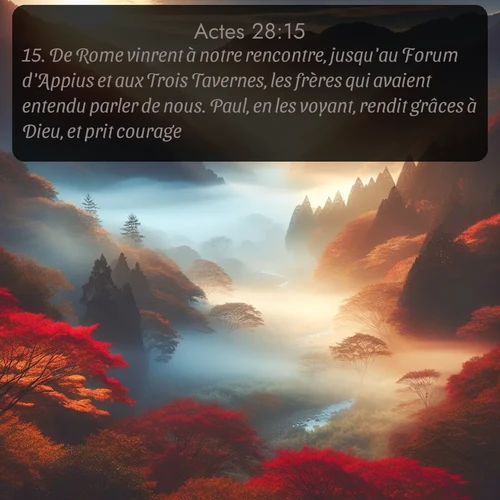 Segond Actes  ; image nature: image avec le verset biblique :De Rome vinrent à notre rencontre, jusqu&#039;au Forum d&#039;Appius et aux Trois Tavernes, les frères qui avaient entendu parler de nous. Paul, en les voyant, rendit grâces à Dieu, et prit courage. ;  ; 28:15