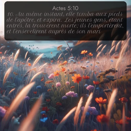 Segond Actes  ; image nature: image avec le verset biblique :Au même instant, elle tomba aux pieds de l&#039;apôtre, et expira. Les jeunes gens, étant entrés, la trouvèrent morte; ils l&#039;emportèrent, et l&#039;ensevelirent auprès de son mari. ;  ; 5:10